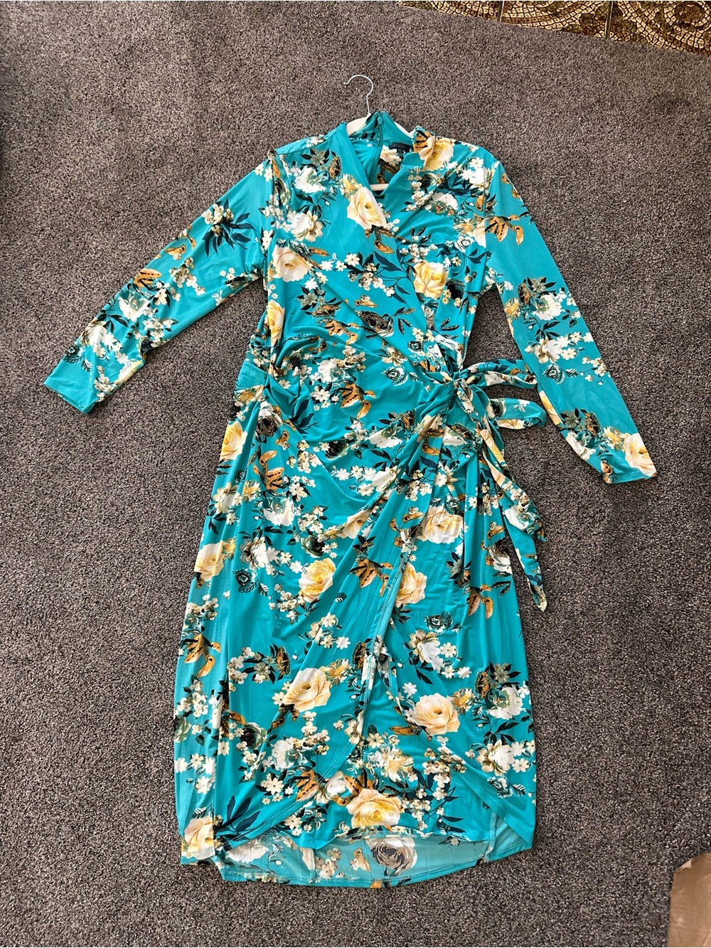 Turquoise Floral Wrap Dress with Tie Waist